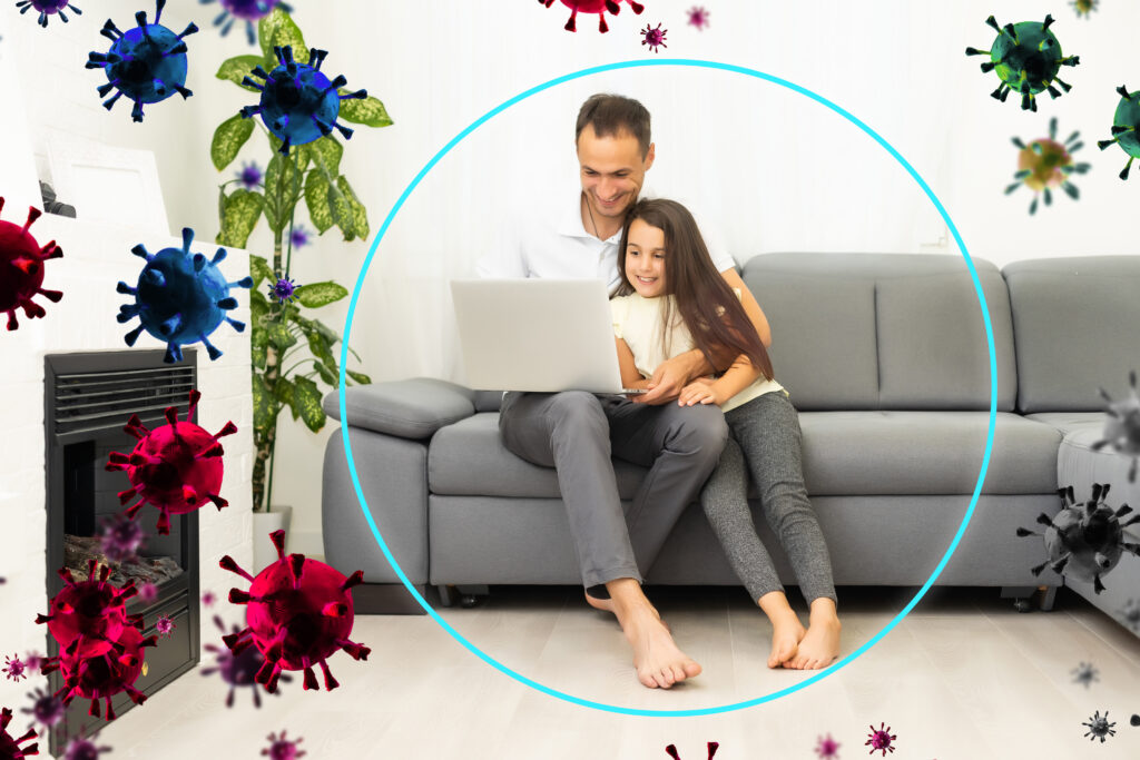 Father and daughter sitting on a couch using a laptop, surrounded by stylized virus illustrations, emphasizing family connection and health awareness in the context of living in the autophagy state.